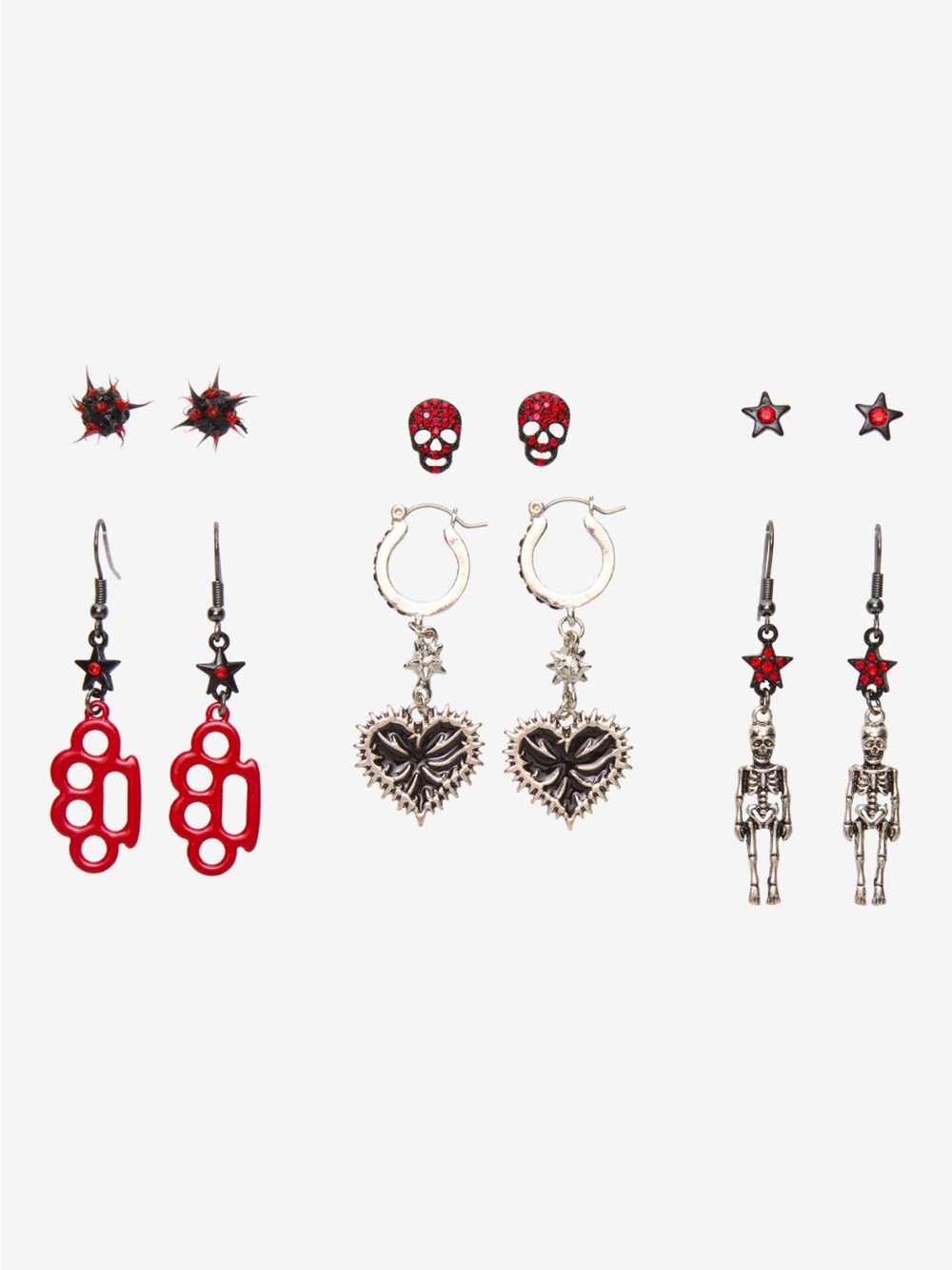 Goth Punk Earring Set — Red & Silver Skull, Heart, Skeleton Styles